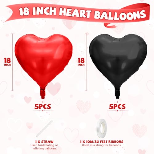 Biapian Red Black Heart Balloons 10 Pcs Metallic Heart Shaped Balloon 18 Inch Red and Black Foil Balloons Helium for Engagement Brithday Bridal Baby Shower Wedding Engagement Valentines Party Decorations - Image 5