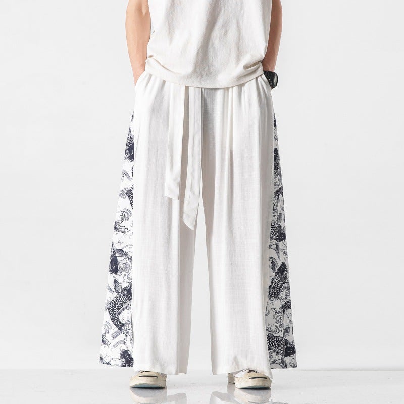 Chinese Style Cotton Linen Crane Printed Wide-legged Pants Mens Hanfu Tang Suit Ancient Costume Performance Costume Antique Fairy Elegant Culottes White carp