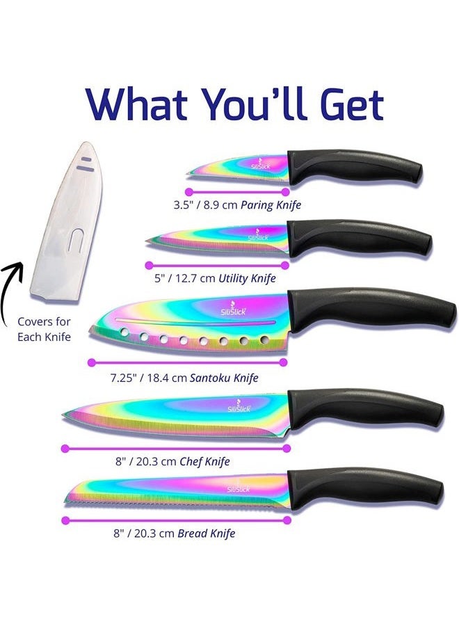 SiliSlick Kitchen Knife Set, Stainless Steel Rainbow Titanium Coated Sharp Blades, Ergonomic Handles, 5-Piece Bundle, Blue Handle - Image 4