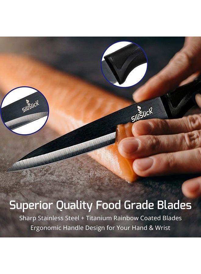 SiliSlick Kitchen Knife Set, Stainless Steel Rainbow Titanium Coated Sharp Blades, Ergonomic Handles, 5-Piece Bundle, Blue Handle - Image 3