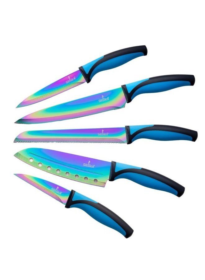 SiliSlick Kitchen Knife Set, Stainless Steel Rainbow Titanium Coated Sharp Blades, Ergonomic Handles, 5-Piece Bundle, Blue Handle - Image 1