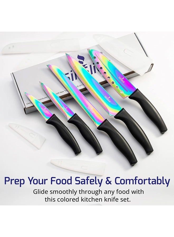 SiliSlick Kitchen Knife Set, Stainless Steel Rainbow Titanium Coated Sharp Blades, Ergonomic Handles, 5-Piece Bundle, Blue Handle - Image 2