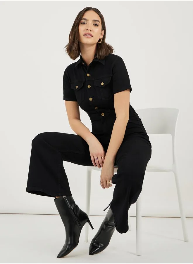 Styli Button Front Detail Flared Denim Jumpsuit