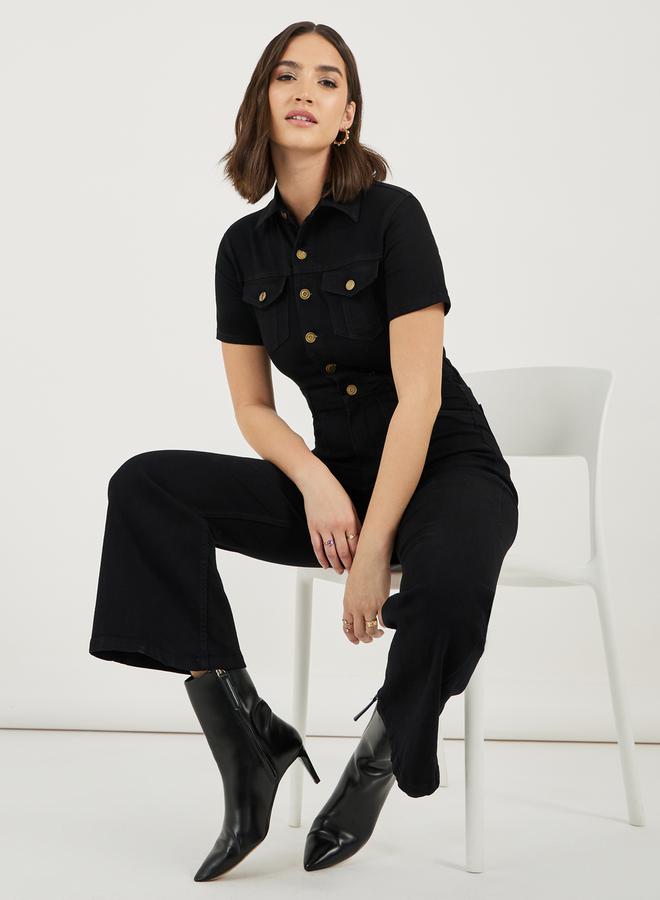 Styli Button Front Detail Flared Denim Jumpsuit - Image 1