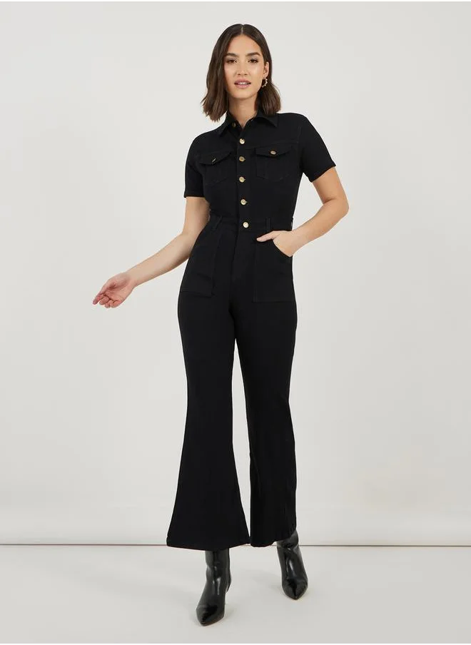 Styli Button Front Detail Flared Denim Jumpsuit