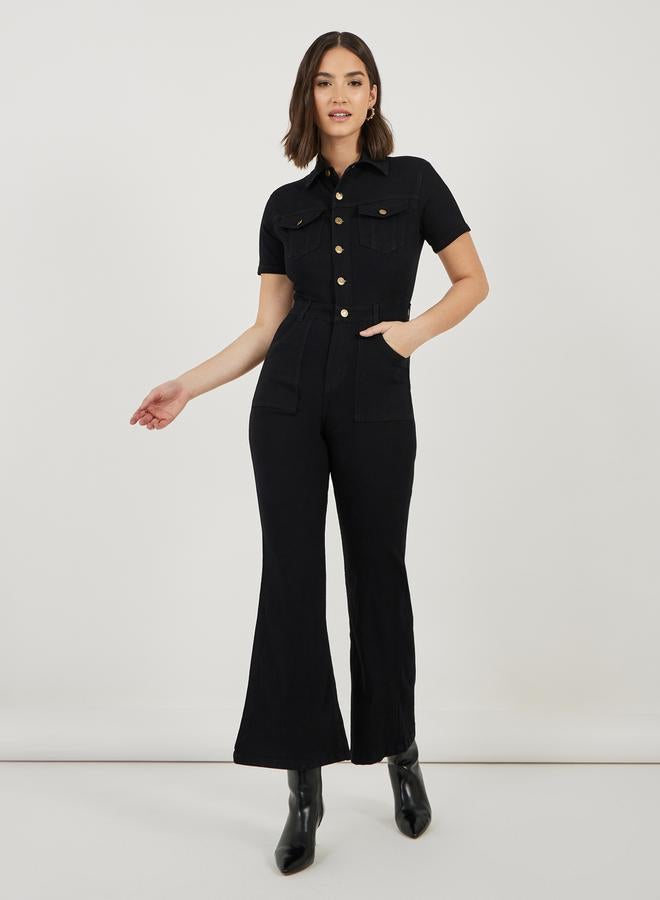 Styli Button Front Detail Flared Denim Jumpsuit - Image 2