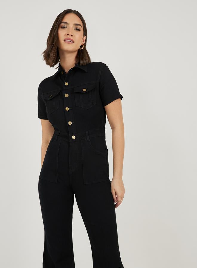Styli Button Front Detail Flared Denim Jumpsuit - Image 3