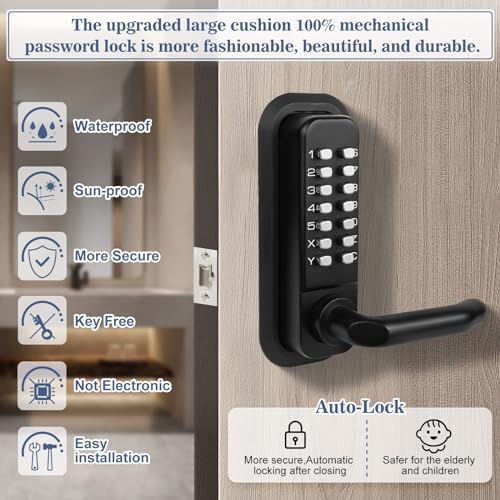 Souyou Mechanical Keyless Entry Door Lock with HandleStainless Steel Waterproof keyless gate Locks for Outdoor FenceMechanical Door Locks with with Keypad Blackwith Large Cushion - Image 3