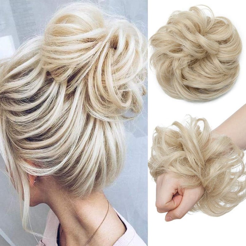 Messy Hair Bun HairScrunchies Extension Curly Wavy Thick Synthetic Chignon for women Updo Hairpiece Ponytail HairAccessories Ash Blonde mix Bleach Blonde