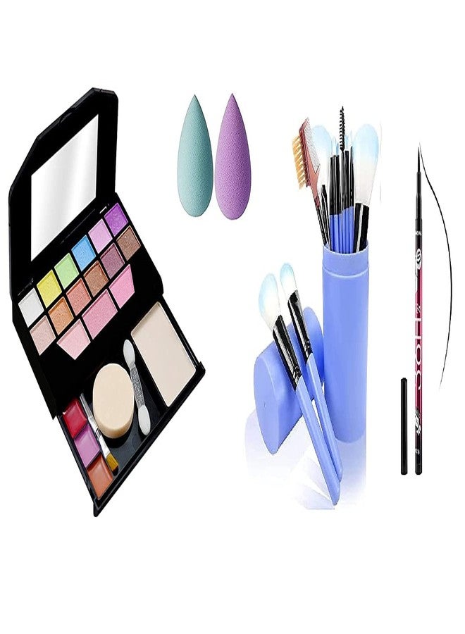 DATNASAYAD 5024 Makeup Kit With 12Pcs Blue Makeup Brushes Set, 1 36H Eyeliner with 2 Multicolour Beauty Blenders for Women and Girl - (Pack of 16) - Image 1