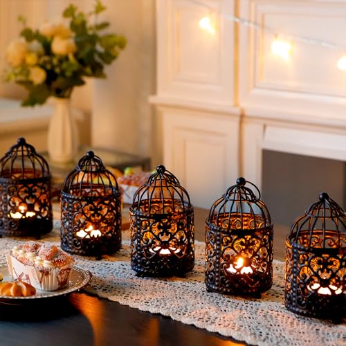 JHY DESIGN 6 Pcs 5.5 inch Height Small Metal Candle Stick Holder Hanging Birdcage Tealight Lantern Hollow Candle Holders for Table Valentine Patio Indoor Outdoor Gifts(Black) - Image 5
