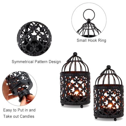 JHY DESIGN 6 Pcs 5.5 inch Height Small Metal Candle Stick Holder Hanging Birdcage Tealight Lantern Hollow Candle Holders for Table Valentine Patio Indoor Outdoor Gifts(Black) - Image 4