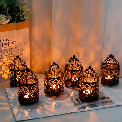 JHY DESIGN 6 Pcs 5.5 inch Height Small Metal Candle Stick Holder Hanging Birdcage Tealight Lantern Hollow Candle Holders for Table Valentine Patio Indoor Outdoor Gifts(Black) - Image 2