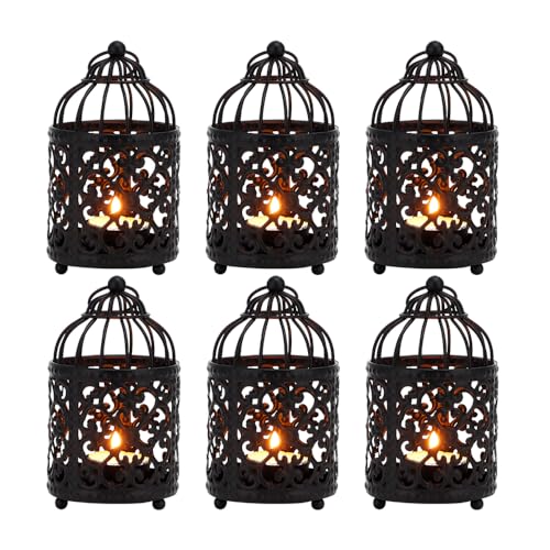 JHY DESIGN 6 Pcs 5.5 inch Height Small Metal Candle Stick Holder Hanging Birdcage Tealight Lantern Hollow Candle Holders for Table Valentine Patio Indoor Outdoor Gifts(Black) - Image 1
