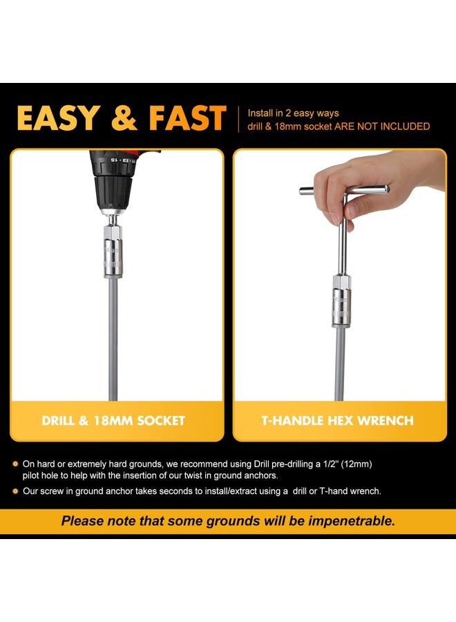 HI-BOOM 4 Pcs Ground Anchor Screw Heavy Duty Earth Anchors Tent Stakes for High Wind with T Handle Hex Wrench Trampoline Hook Ground Stakes for Camping Canopies Car Ports Sheds (Silver,12 Inch) - Image 5