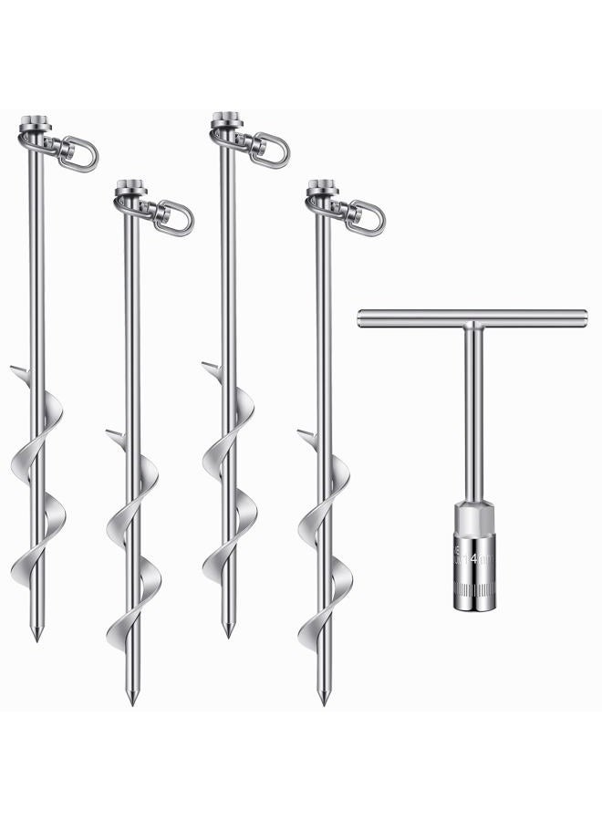 HI-BOOM 4 Pcs Ground Anchor Screw Heavy Duty Earth Anchors Tent Stakes for High Wind with T Handle Hex Wrench Trampoline Hook Ground Stakes for Camping Canopies Car Ports Sheds (Silver,12 Inch) - Image 1