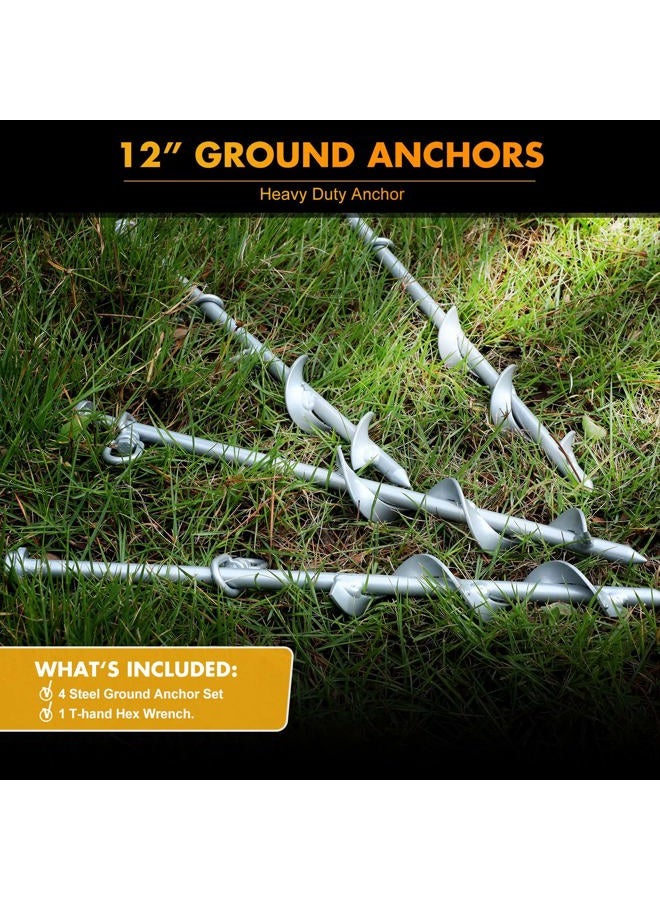 HI-BOOM 4 Pcs Ground Anchor Screw Heavy Duty Earth Anchors Tent Stakes for High Wind with T Handle Hex Wrench Trampoline Hook Ground Stakes for Camping Canopies Car Ports Sheds (Silver,12 Inch) - Image 2