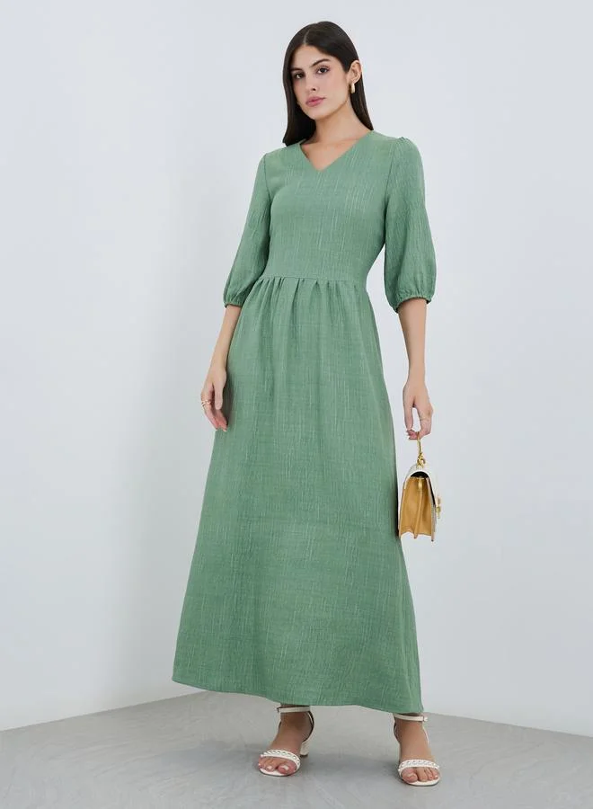 ستايلي Styli Green Self-Design 3/4 Sleeves Maxi Dress