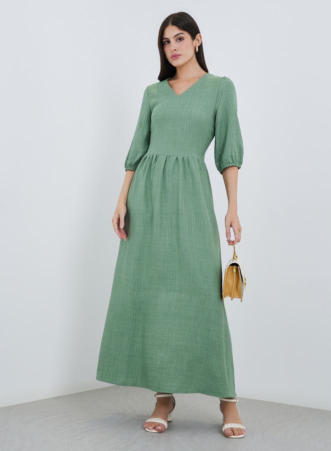 Styli Green Self-Design 3/4 Sleeves Maxi Dress - Image 2