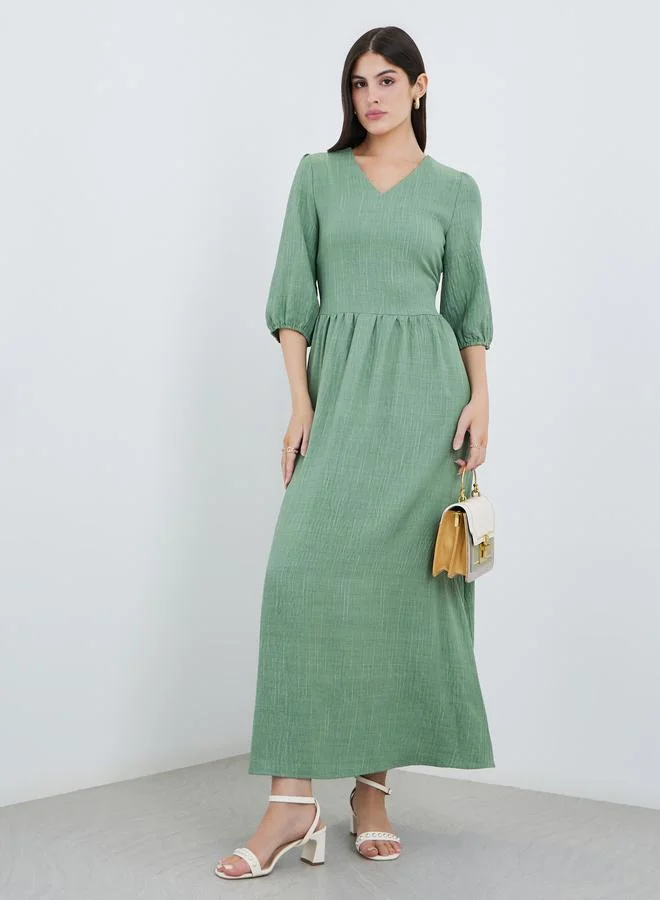 ستايلي Styli Green Self-Design 3/4 Sleeves Maxi Dress