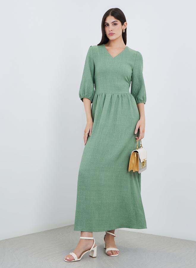 Styli Green Self-Design 3/4 Sleeves Maxi Dress - Image 1