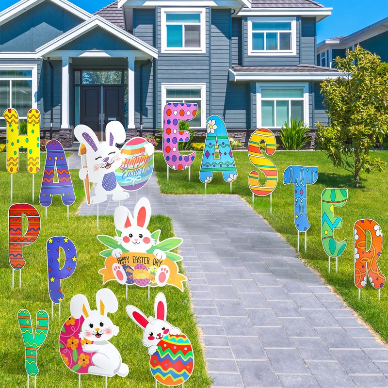 HOLYFUN 17 Pack Easter Yard Sign Outdoor Decorations, Waterproof Bunny Easter Sign, easter Decorations for Lawn Yard Garden - Image 2