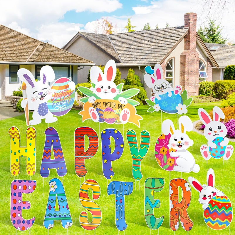 HOLYFUN 17 Pack Easter Yard Sign Outdoor Decorations, Waterproof Bunny Easter Sign, easter Decorations for Lawn Yard Garden - Image 1