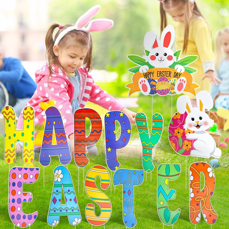 HOLYFUN 17 Pack Easter Yard Sign Outdoor Decorations, Waterproof Bunny Easter Sign, easter Decorations for Lawn Yard Garden - Image 3