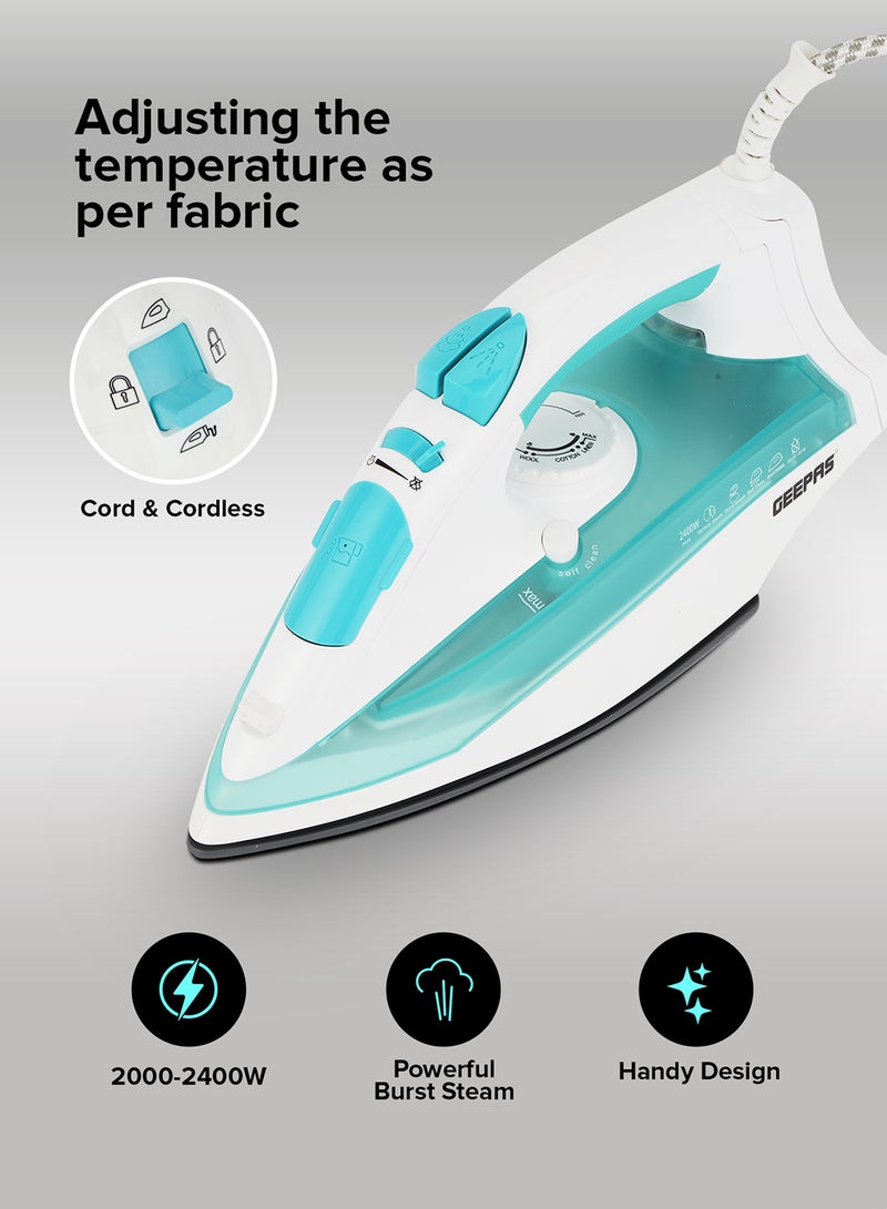 GEEPAS Wet and Dry Steam Iron Box with Ceramic Soleplate and Self Cleaning Function Handy Design with Anti drip Function Powerful Burst Steam 2400 W GSI24015 Green/White - Image 5