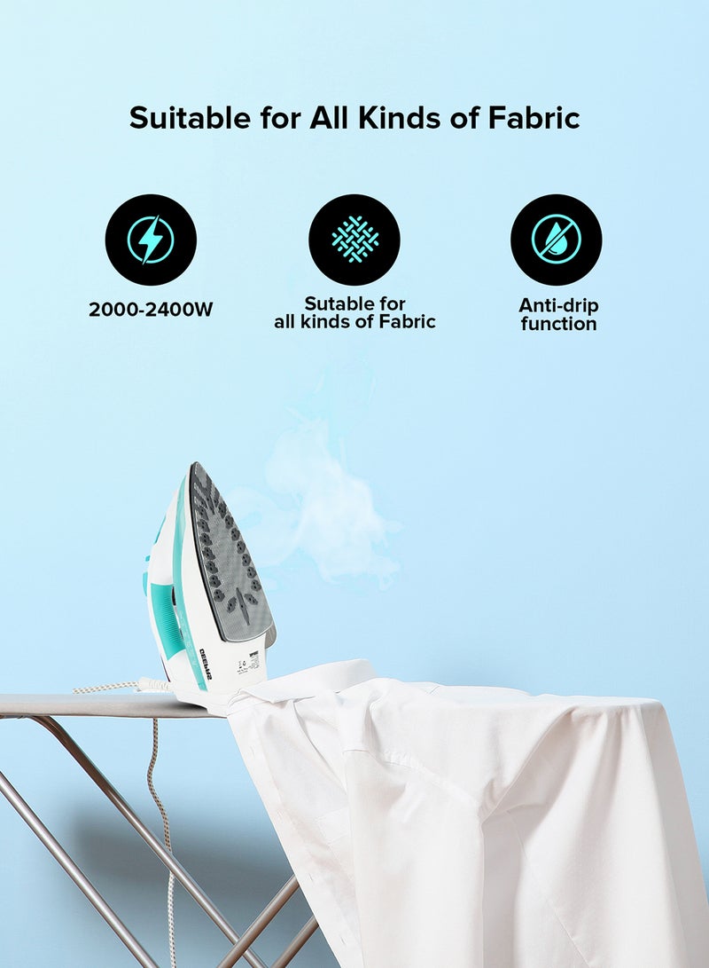 GEEPAS Wet and Dry Steam Iron Box with Ceramic Soleplate and Self Cleaning Function Handy Design with Anti drip Function Powerful Burst Steam 2400 W GSI24015 Green/White - Image 3