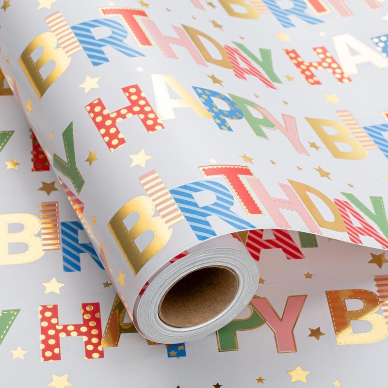 Merture Colorful Wrapping Paper Roll - 17 In X 32.8 Ft - Foil Happy Birthday Lettering & Candles Wrapping Paper for Birthday, Baby Shower, Party - Image 1