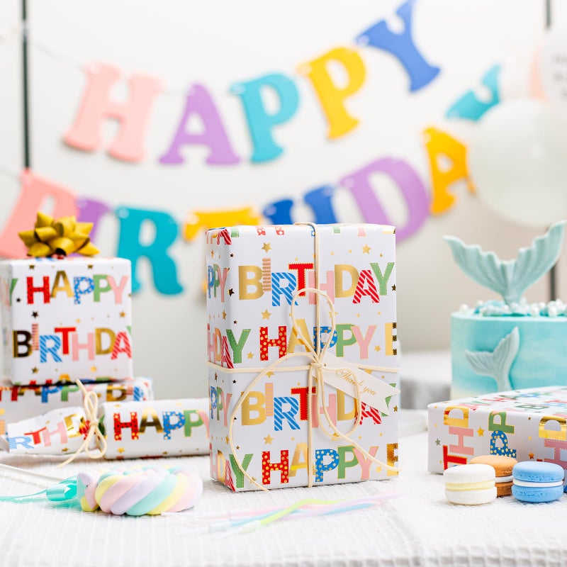 Merture Colorful Wrapping Paper Roll - 17 In X 32.8 Ft - Foil Happy Birthday Lettering & Candles Wrapping Paper for Birthday, Baby Shower, Party - Image 2