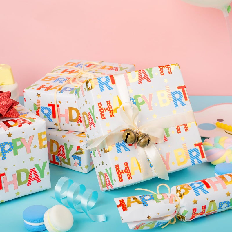 Merture Colorful Wrapping Paper Roll - 17 In X 32.8 Ft - Foil Happy Birthday Lettering & Candles Wrapping Paper for Birthday, Baby Shower, Party - Image 5