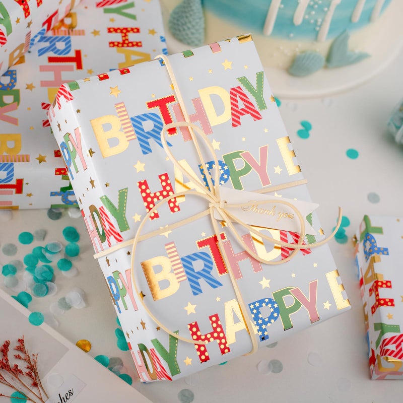 Merture Colorful Wrapping Paper Roll - 17 In X 32.8 Ft - Foil Happy Birthday Lettering & Candles Wrapping Paper for Birthday, Baby Shower, Party - Image 4