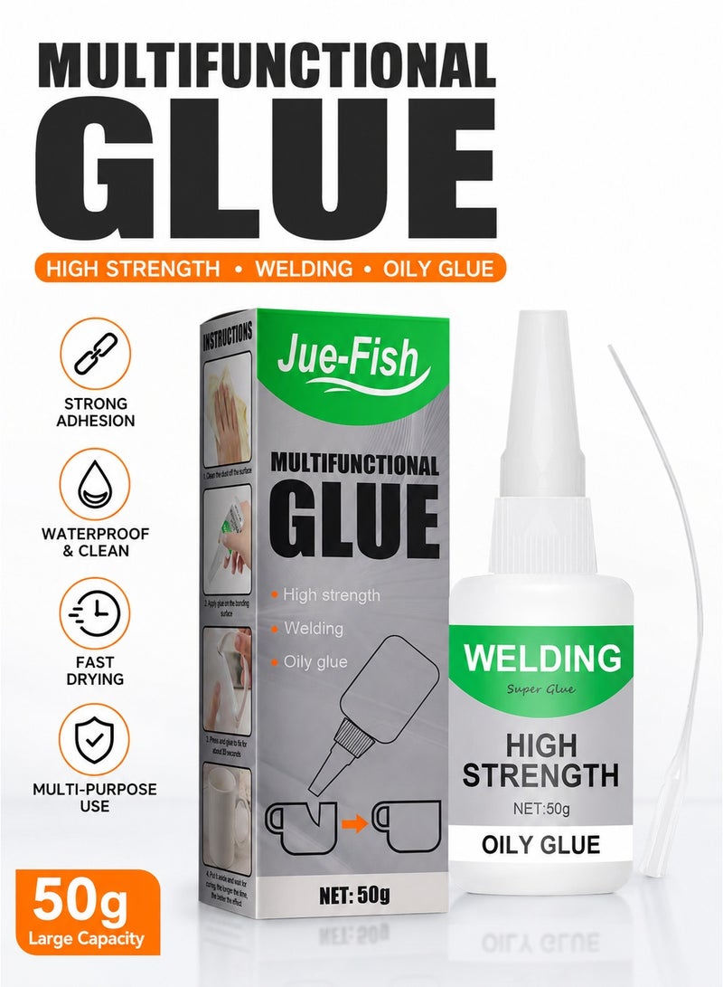 JUE-FISH Multi Purpose Transparent Quick Dry Adhesive Glue 50g – Strong Bonding Glue for Wood, Glass, Ceramic, Leather, Plastic, Acrylic, Jewelry & DIY Crafts | Waterproof High Strength All Purpose Glue - Image 1