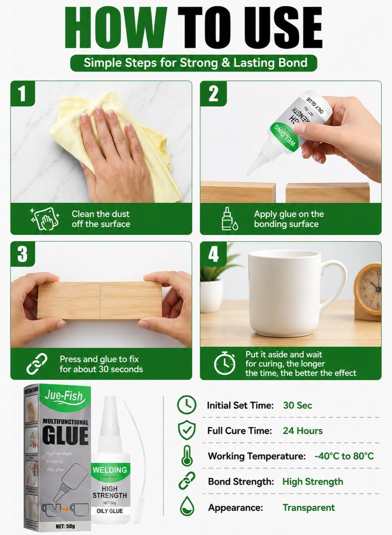 JUE-FISH Multi Purpose Transparent Quick Dry Adhesive Glue 50g – Strong Bonding Glue for Wood, Glass, Ceramic, Leather, Plastic, Acrylic, Jewelry & DIY Crafts | Waterproof High Strength All Purpose Glue - Image 5