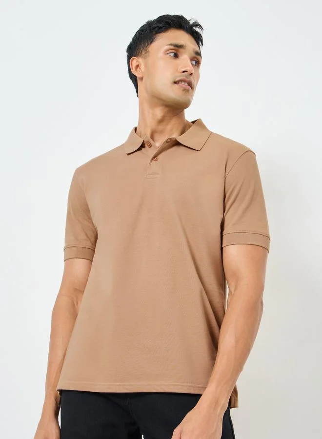 Styli Men Beige Cotton Relaxed Polo