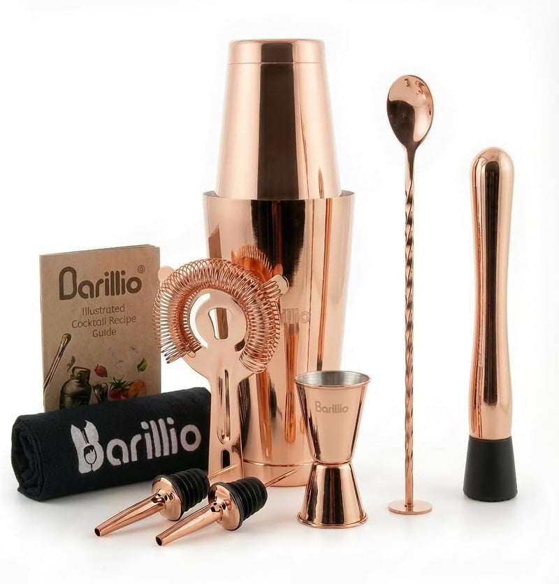 barillio طقم شاكر بوسطن باللون الوردي الذهبي - شاكر كوكتيل مارتيني من الفولاذ المقاوم للصدأ مع مصفاة وخلاط - طقم خلطات بار - طقم بار للمنزل - طقم شاكر مشروبات مكون من 9 قطع - أدوات بار - Image 1
