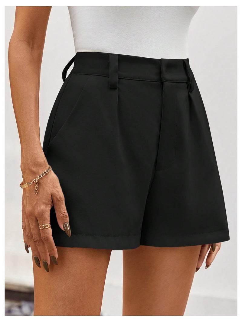 MakeMeChic Women's Summer Dressy Casual Shorts Plaid Elastic High Waisted Tailored Shorts Work Wide Leg Mini Shorts Black Small - Image 4