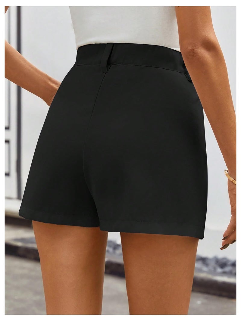 MakeMeChic Women's Summer Dressy Casual Shorts Plaid Elastic High Waisted Tailored Shorts Work Wide Leg Mini Shorts Black Small - Image 2