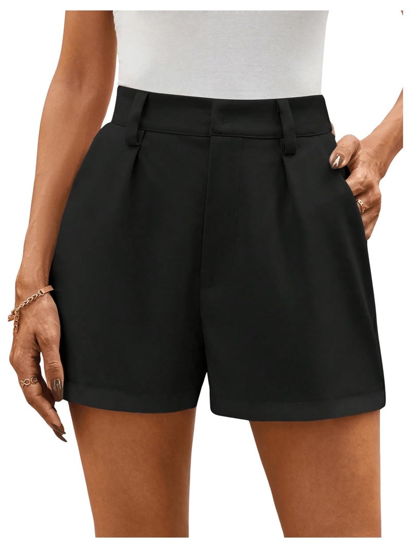 MakeMeChic Women's Summer Dressy Casual Shorts Plaid Elastic High Waisted Tailored Shorts Work Wide Leg Mini Shorts Black Small - Image 1