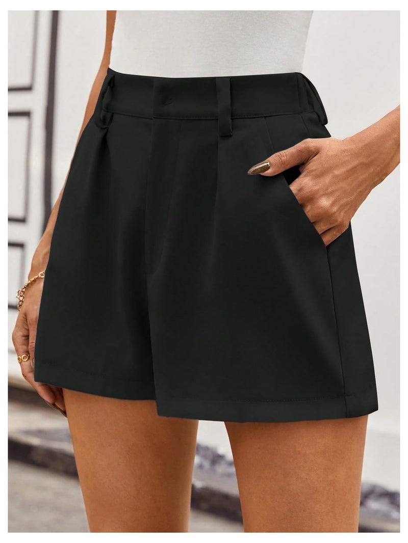 MakeMeChic Women's Summer Dressy Casual Shorts Plaid Elastic High Waisted Tailored Shorts Work Wide Leg Mini Shorts Black Small - Image 3