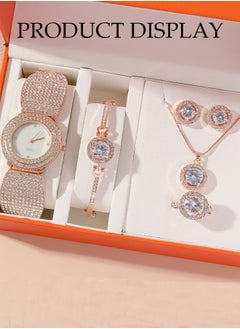 DUNISO 5 Pieces Of Rhinestone Watch Set, Ladies' Inlaid Diamond Quartz Watch, Circular Steel Band Watch, With Earrings, Bracelet, Necklace, Ring, Diamond Decorative Design,Suitable For Daily Business Gatherings  - Image 2