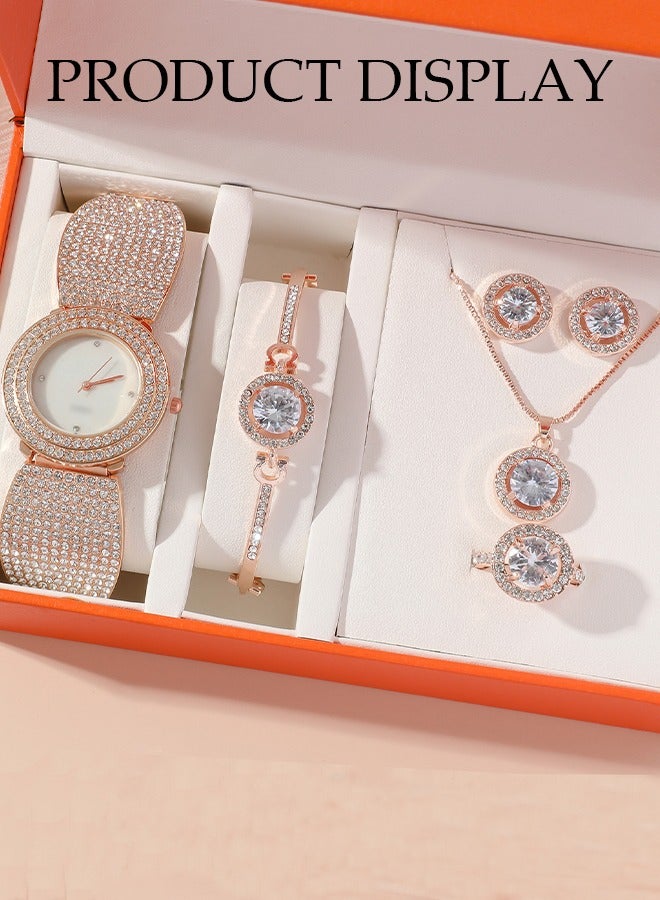 DUNISO 5 Pieces Of Rhinestone Watch Set, Ladies' Inlaid Diamond Quartz Watch, Circular Steel Band Watch, With Earrings, Bracelet, Necklace, Ring, Diamond Decorative Design,Suitable For Daily Business Gatherings  - Image 2