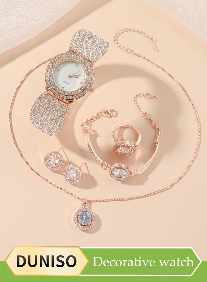 DUNISO 5 Pieces Of Rhinestone Watch Set, Ladies' Inlaid Diamond Quartz Watch, Circular Steel Band Watch, With Earrings, Bracelet, Necklace, Ring, Diamond Decorative Design,Suitable For Daily Business Gatherings  - Image 1