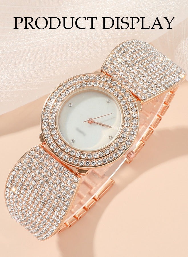DUNISO 5 Pieces Of Rhinestone Watch Set, Ladies' Inlaid Diamond Quartz Watch, Circular Steel Band Watch, With Earrings, Bracelet, Necklace, Ring, Diamond Decorative Design,Suitable For Daily Business Gatherings  - Image 4