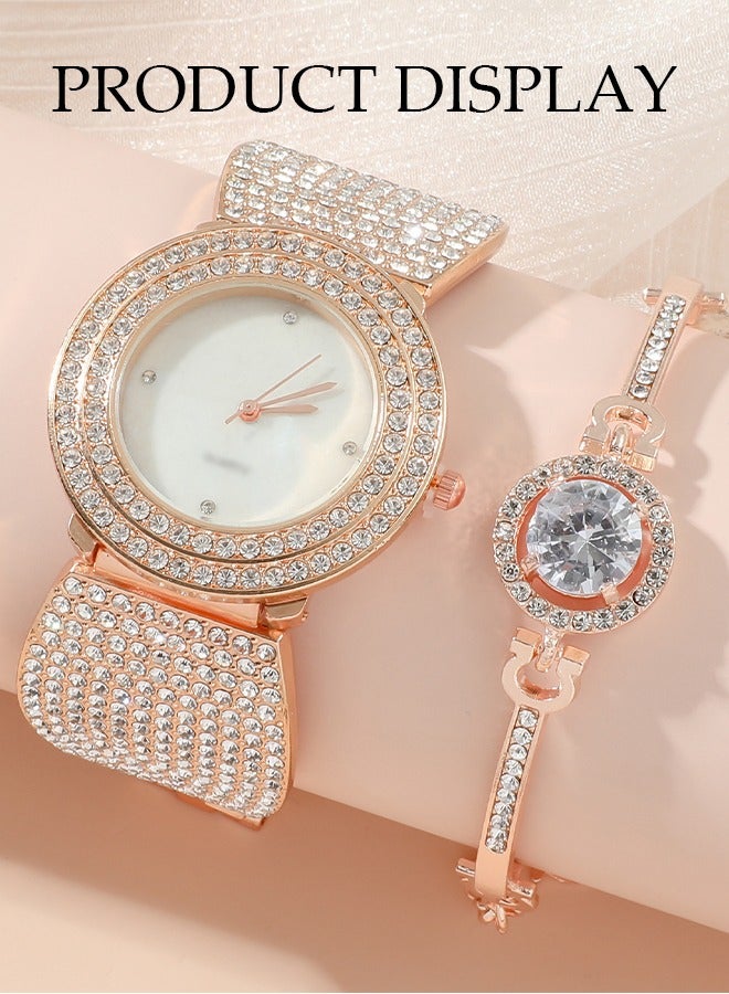 DUNISO 5 Pieces Of Rhinestone Watch Set, Ladies' Inlaid Diamond Quartz Watch, Circular Steel Band Watch, With Earrings, Bracelet, Necklace, Ring, Diamond Decorative Design,Suitable For Daily Business Gatherings  - Image 5