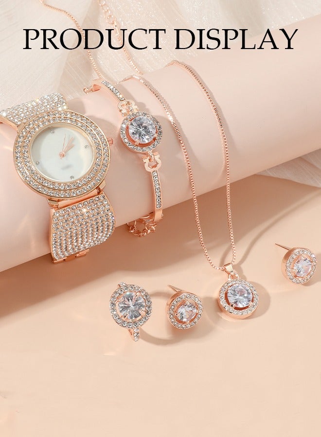 DUNISO 5 Pieces Of Rhinestone Watch Set, Ladies' Inlaid Diamond Quartz Watch, Circular Steel Band Watch, With Earrings, Bracelet, Necklace, Ring, Diamond Decorative Design,Suitable For Daily Business Gatherings  - Image 3