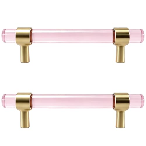 Risbay Crystal Glass Drawer Pulls Double Hole Crystal Handle Brass Base Crystal Cabinet Handle Pulls Hole Distance 96mm378 for Cabinets and Dressers Screw Included 2PCSPink and Golden - Image 1