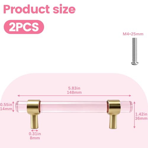 Risbay Crystal Glass Drawer Pulls Double Hole Crystal Handle Brass Base Crystal Cabinet Handle Pulls Hole Distance 96mm378 for Cabinets and Dressers Screw Included 2PCSPink and Golden - Image 3